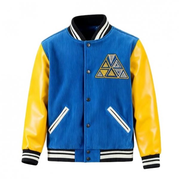 Blue & Yellow Corduroy Baseball Jacket with Triangle Embroidery