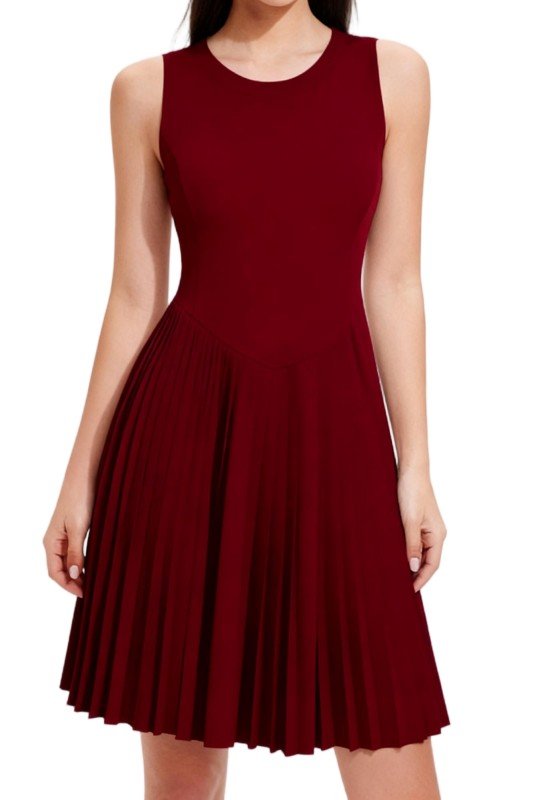 Burgundy Sleeveless Bodycon Dress with Pleated Skirt