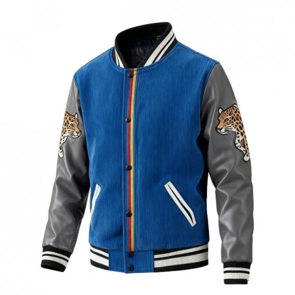 Blue Corduroy & Gray Faux Leather Baseball Jacket with Leopard Embroidery