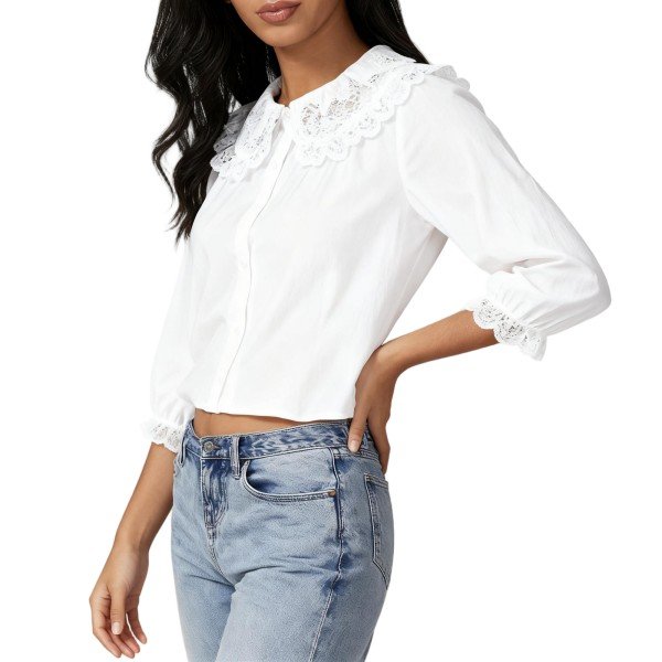 White Cropped Button-Down Blouse with Lace Collar & Cuffs