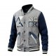 Distressed Denim Baseball Jacket with Geometric & "BC FX" Embroidery