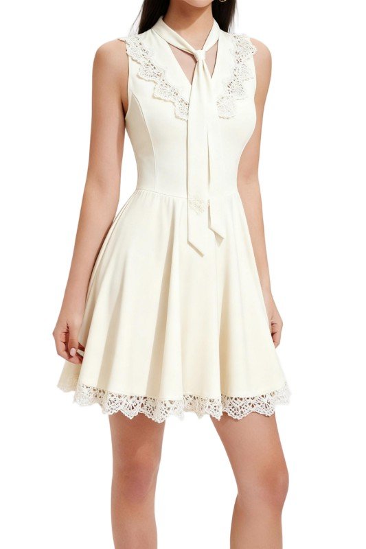 Cream Sleeveless Dress with Lace Trim and Neck Tie