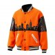 Orange Knit Baseball Jacket with Black City Skyline Embroidery
